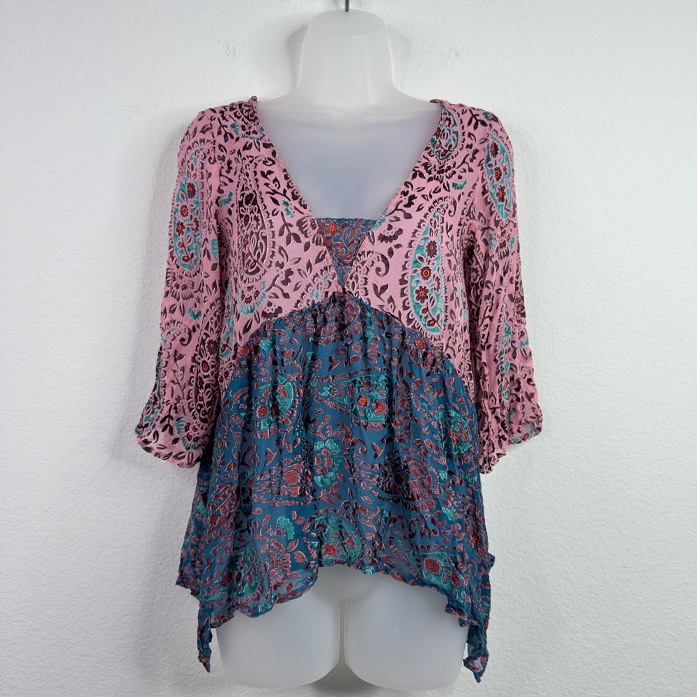Floreat Shirt Womens XS Pink Blue Silk Paisley Floral Burnout Boho Hippie Fairy